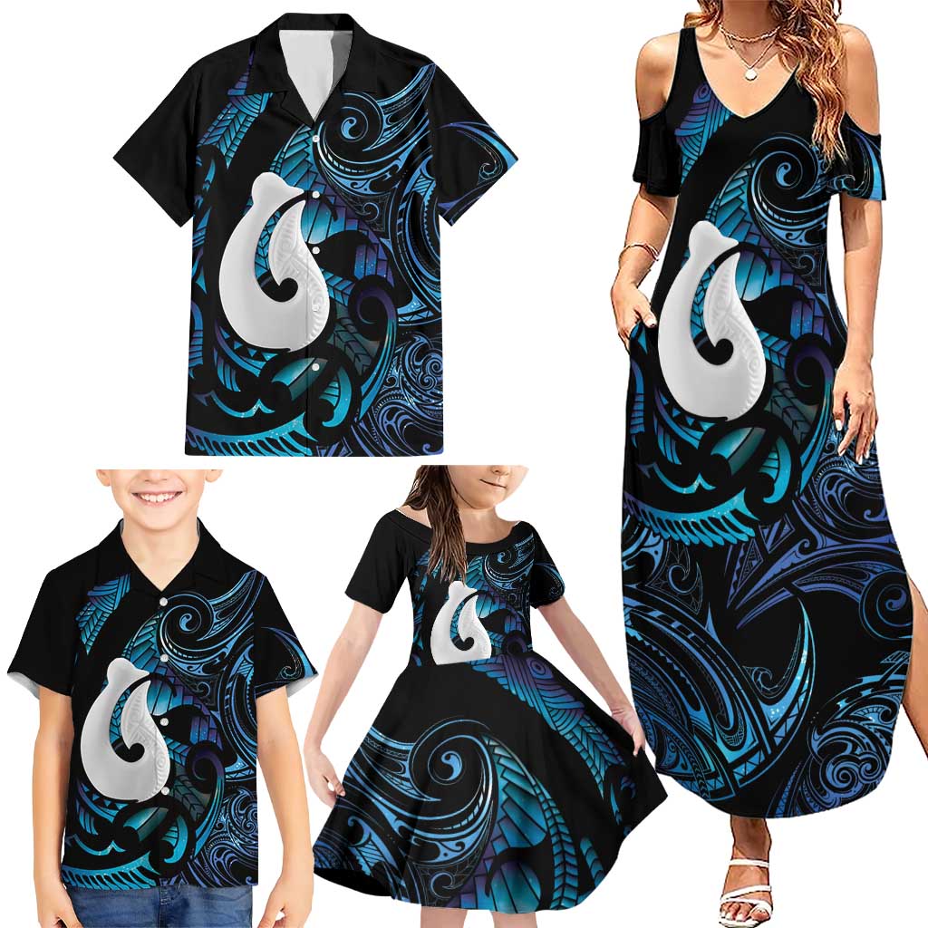 Hei Matau New Zealand Matariki Family Matching Summer Maxi Dress and Hawaiian Shirt NZ Fish Hook Maori Art