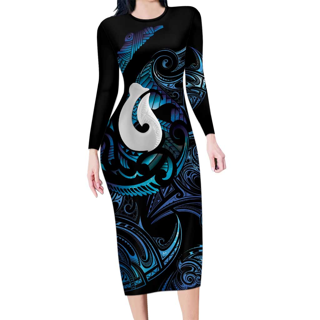 Hei Matau New Zealand Matariki Long Sleeve Bodycon Dress NZ Fish Hook Maori Art