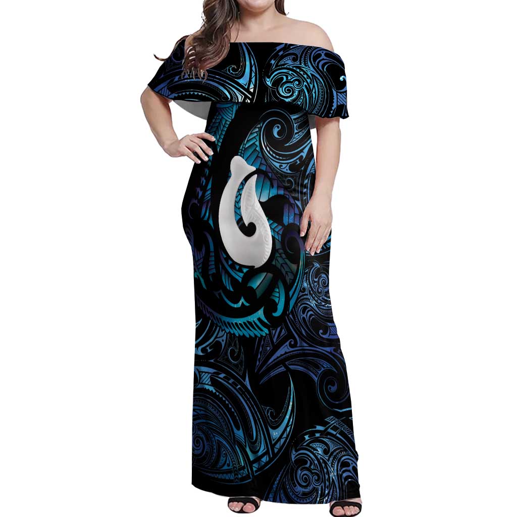 Hei Matau New Zealand Matariki Off Shoulder Maxi Dress NZ Fish Hook Maori Art
