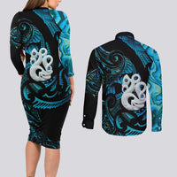 Manaia New Zealand Matariki Couples Matching Long Sleeve Bodycon Dress and Long Sleeve Button Shirt NZ Paua Shell Maori Art