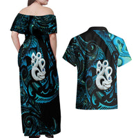Manaia New Zealand Matariki Couples Matching Off Shoulder Maxi Dress and Hawaiian Shirt NZ Paua Shell Maori Art