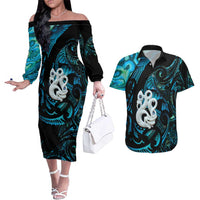 Manaia New Zealand Matariki Couples Matching Off The Shoulder Long Sleeve Dress and Hawaiian Shirt NZ Paua Shell Maori Art LT14 Turquoise - Polynesian Pride