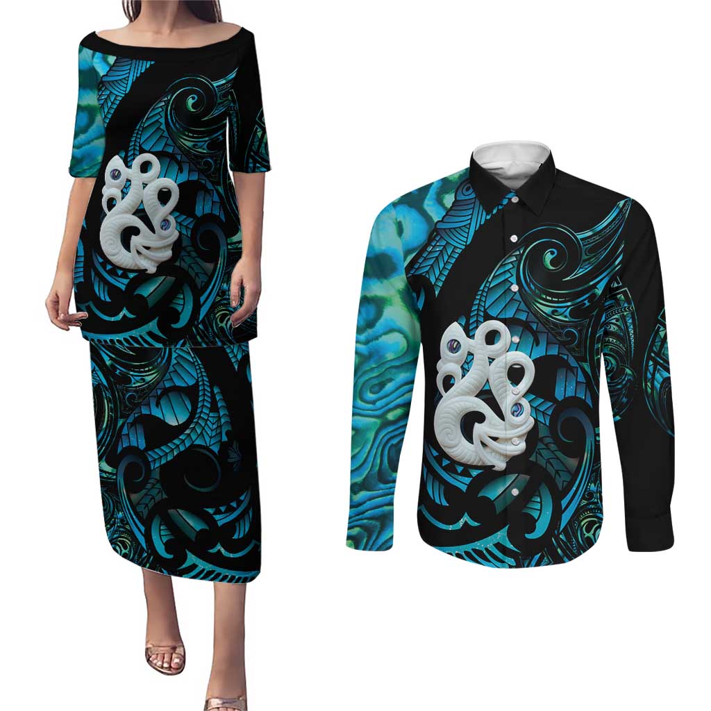 Manaia New Zealand Matariki Couples Matching Puletasi and Long Sleeve Button Shirt NZ Paua Shell Maori Art