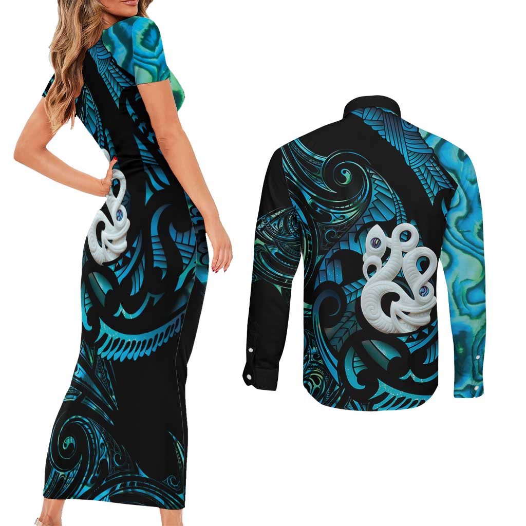 Manaia New Zealand Matariki Couples Matching Short Sleeve Bodycon Dress and Long Sleeve Button Shirt NZ Paua Shell Maori Art