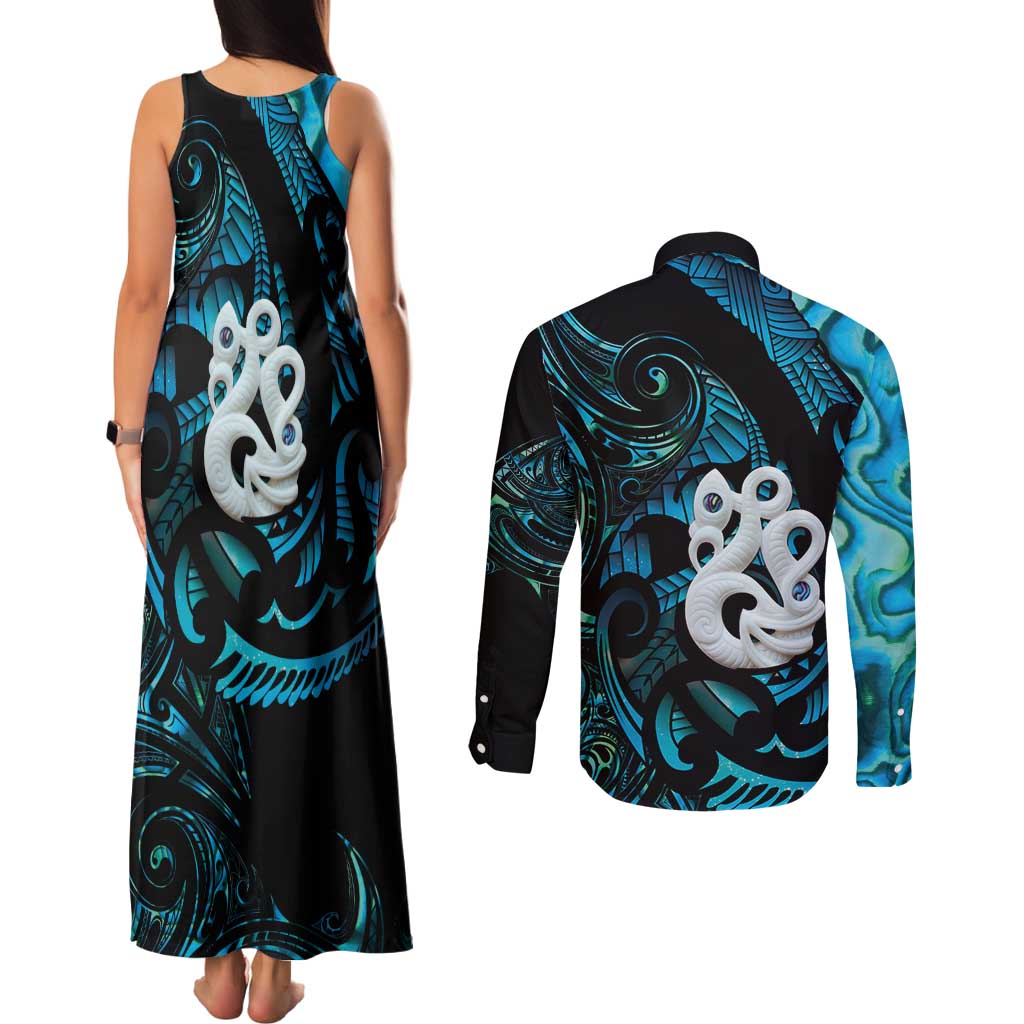 Manaia New Zealand Matariki Couples Matching Tank Maxi Dress and Long Sleeve Button Shirt NZ Paua Shell Maori Art