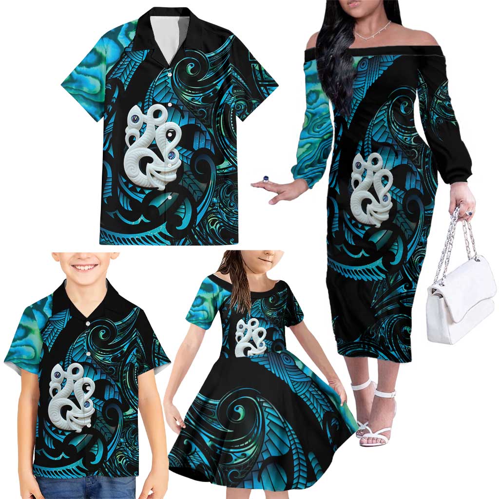 Manaia New Zealand Matariki Family Matching Off The Shoulder Long Sleeve Dress and Hawaiian Shirt NZ Paua Shell Maori Art