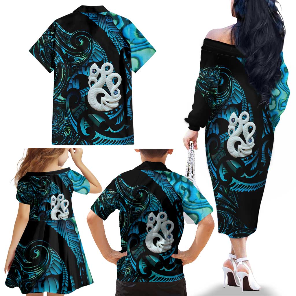 Manaia New Zealand Matariki Family Matching Off The Shoulder Long Sleeve Dress and Hawaiian Shirt NZ Paua Shell Maori Art