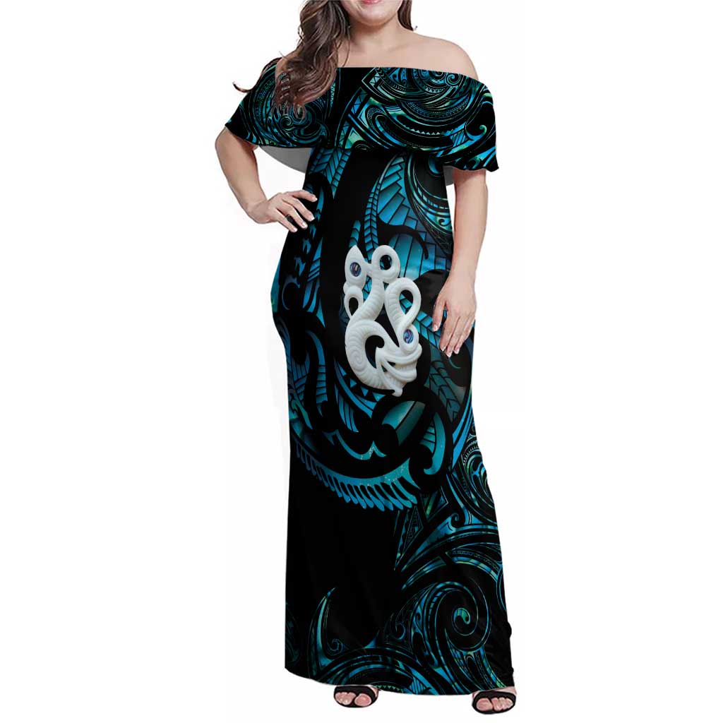 Manaia New Zealand Matariki Family Matching Off Shoulder Maxi Dress and Hawaiian Shirt NZ Paua Shell Maori Art