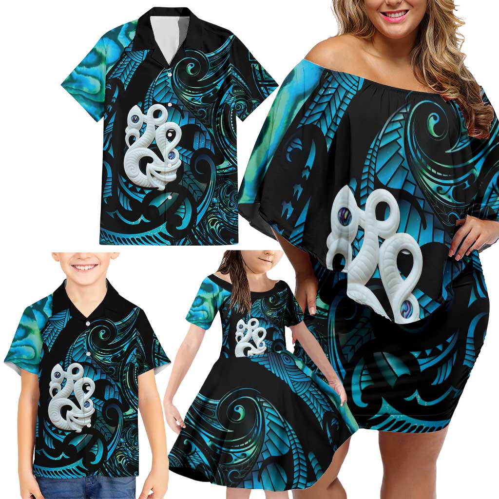 Manaia New Zealand Matariki Family Matching Off Shoulder Short Dress and Hawaiian Shirt NZ Paua Shell Maori Art