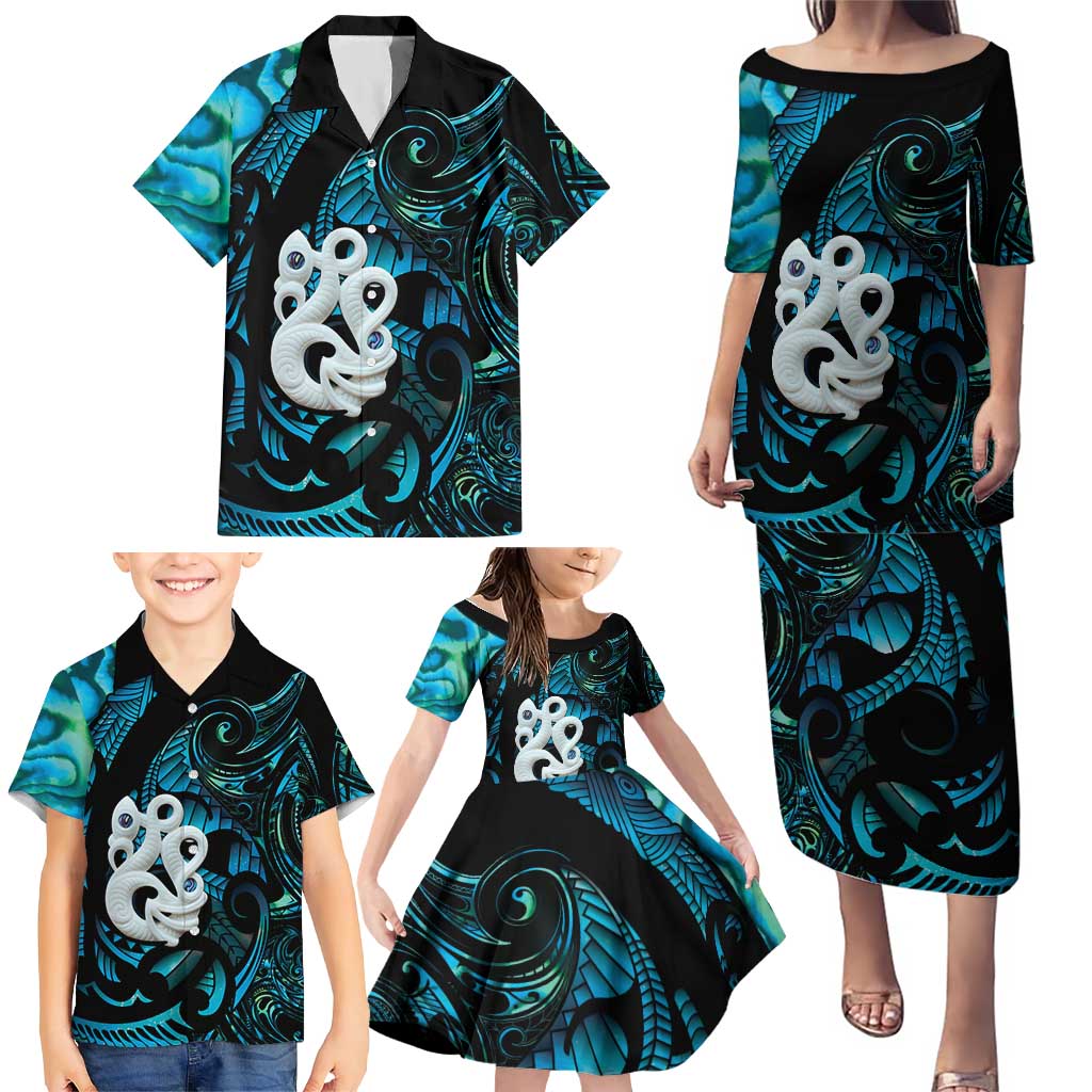 Manaia New Zealand Matariki Family Matching Puletasi and Hawaiian Shirt NZ Paua Shell Maori Art