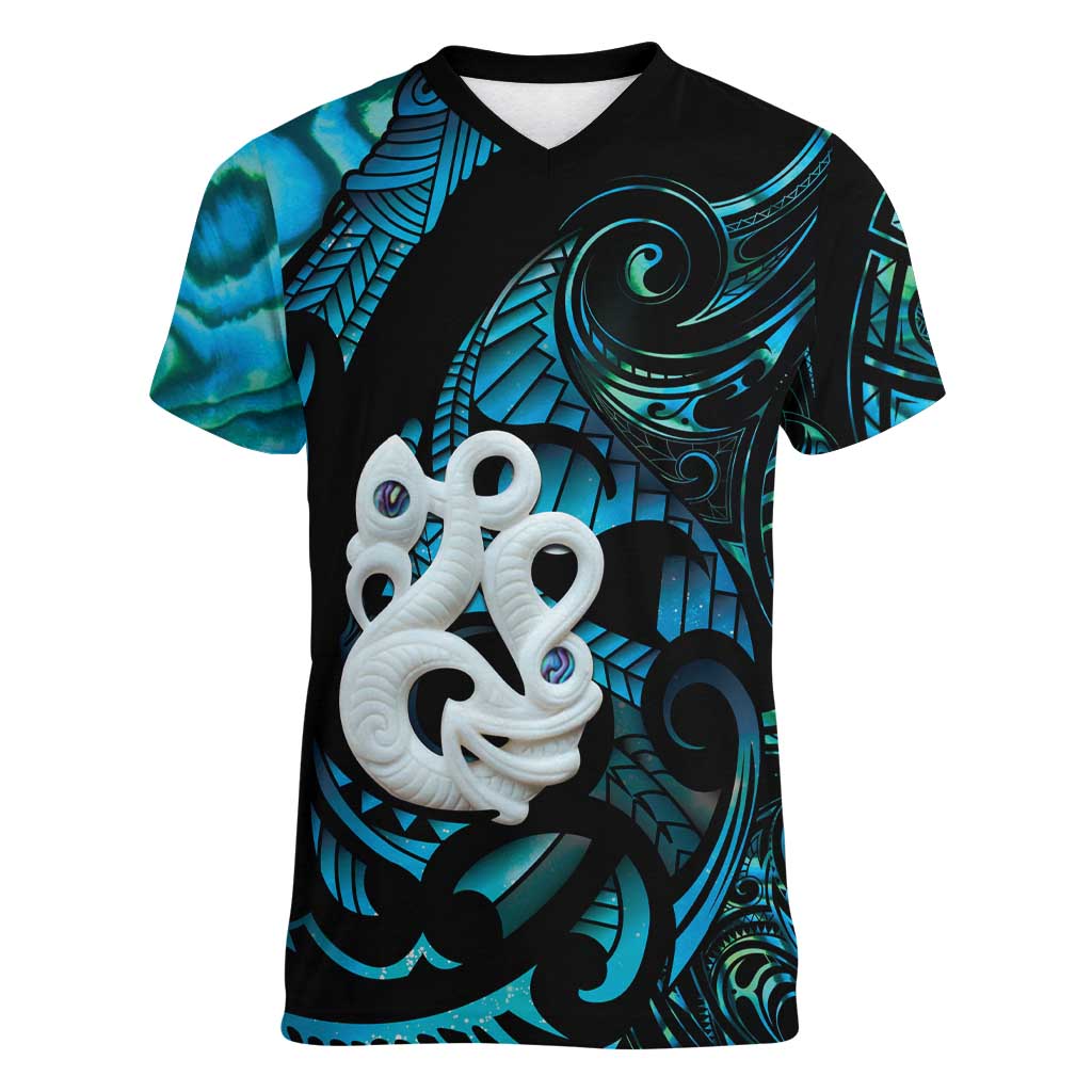 Manaia New Zealand Matariki Women V-Neck T-Shirt NZ Paua Shell Maori Art