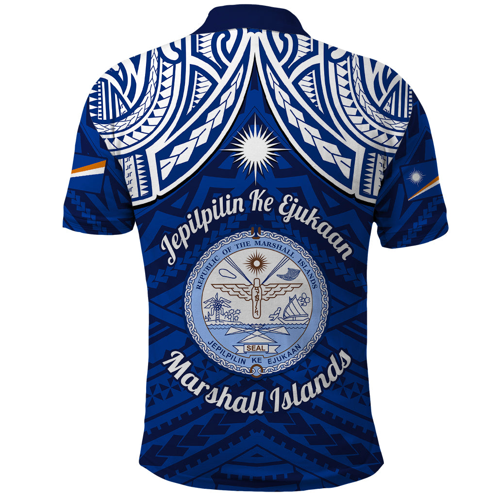 Marshall Islands Polo Shirt Blue Polynesian Tribal Mix Coat Of Arms LT14 - Polynesian Pride