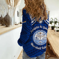 Marshall Islands Women Casual Shirt Blue Polynesian Tribal Mix Coat Of Arms LT14 - Polynesian Pride