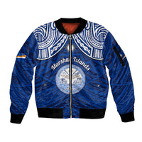 Personalised Marshall Islands Sleeve Zip Bomber Jacket Blue Polynesian Tribal Mix Coat Of Arms LT14 Unisex Blue - Polynesian Pride