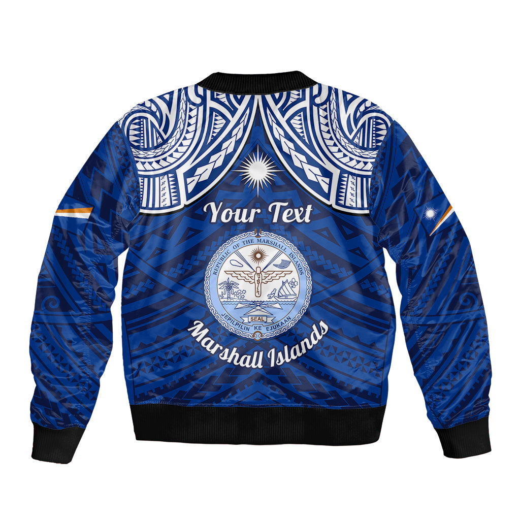 Personalised Marshall Islands Sleeve Zip Bomber Jacket Blue Polynesian Tribal Mix Coat Of Arms LT14 - Polynesian Pride