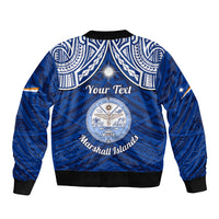 Personalised Marshall Islands Sleeve Zip Bomber Jacket Blue Polynesian Tribal Mix Coat Of Arms LT14 - Polynesian Pride