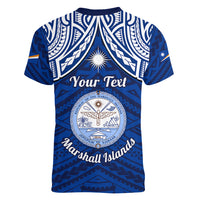 Personalised Marshall Islands Women V Neck T Shirt Blue Polynesian Tribal Mix Coat Of Arms LT14 - Polynesian Pride