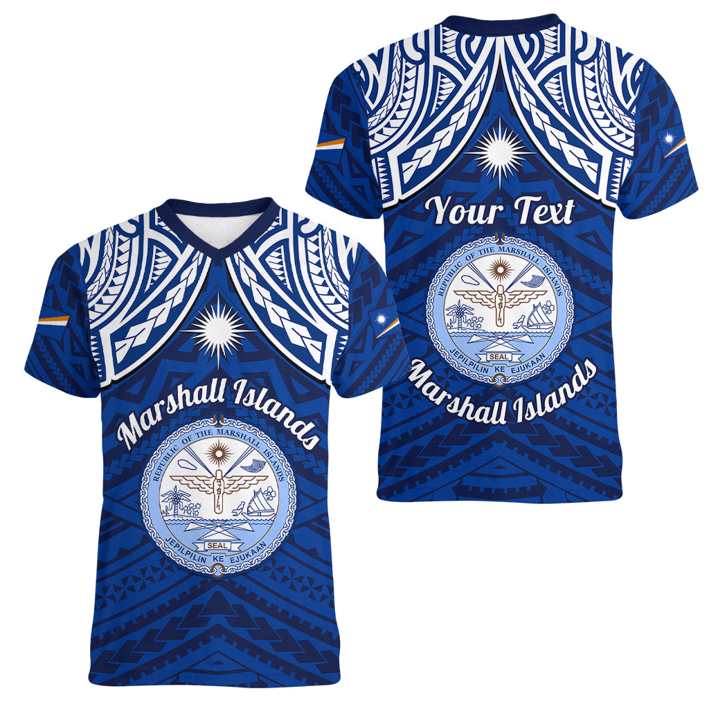 Personalised Marshall Islands Women V Neck T Shirt Blue Polynesian Tribal Mix Coat Of Arms LT14 - Polynesian Pride