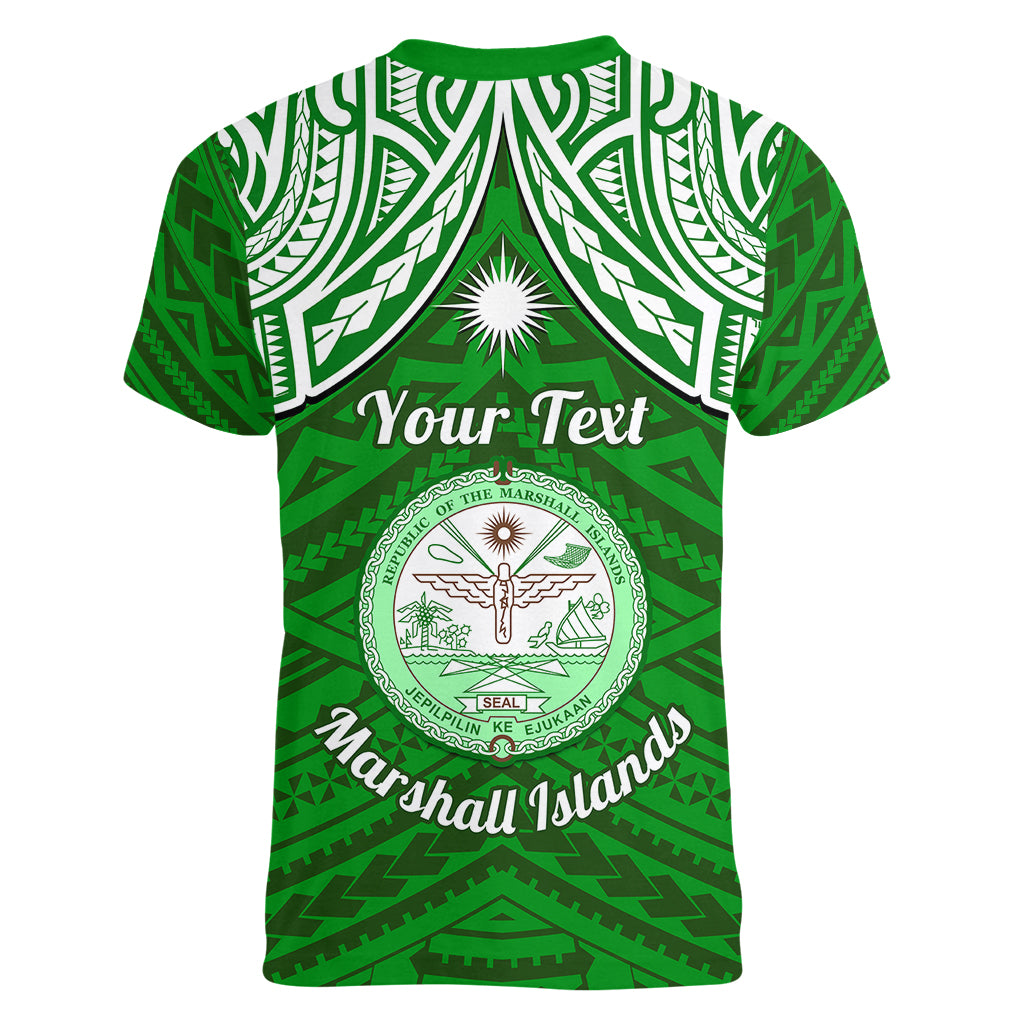 Personalised Marshall Islands Women V Neck T Shirt Green Polynesian Tribal Mix Coat Of Arms LT14 - Polynesian Pride