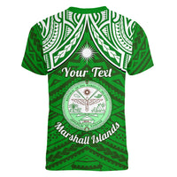 Personalised Marshall Islands Women V Neck T Shirt Green Polynesian Tribal Mix Coat Of Arms LT14 - Polynesian Pride