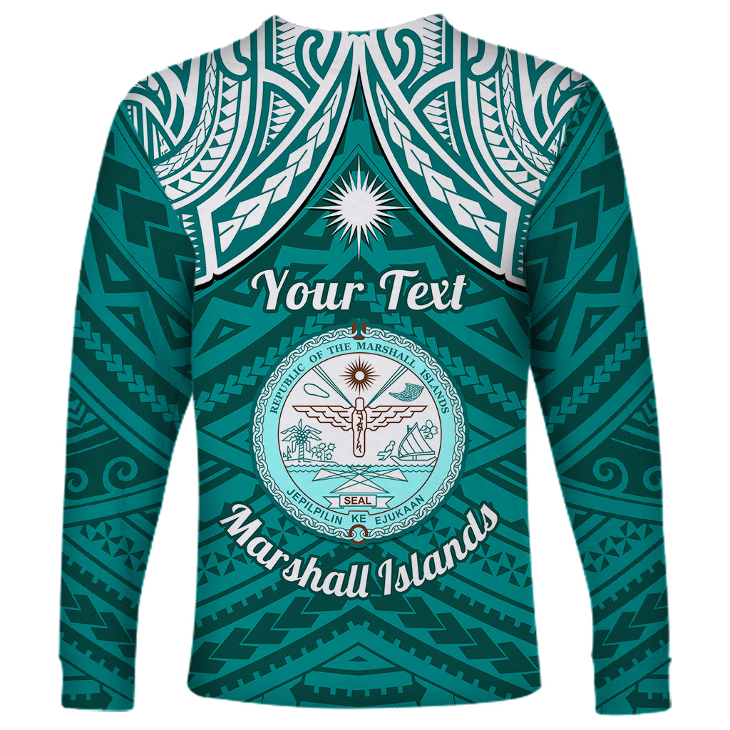 Personalised Marshall Islands Long Sleeve Shirt Turquoise Polynesian Tribal Mix Coat Of Arms LT14 - Polynesian Pride