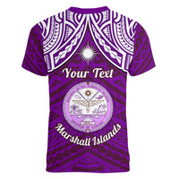 Personalised Marshall Islands Women V Neck T Shirt Purple Polynesian Tribal Mix Coat Of Arms LT14 - Polynesian Pride