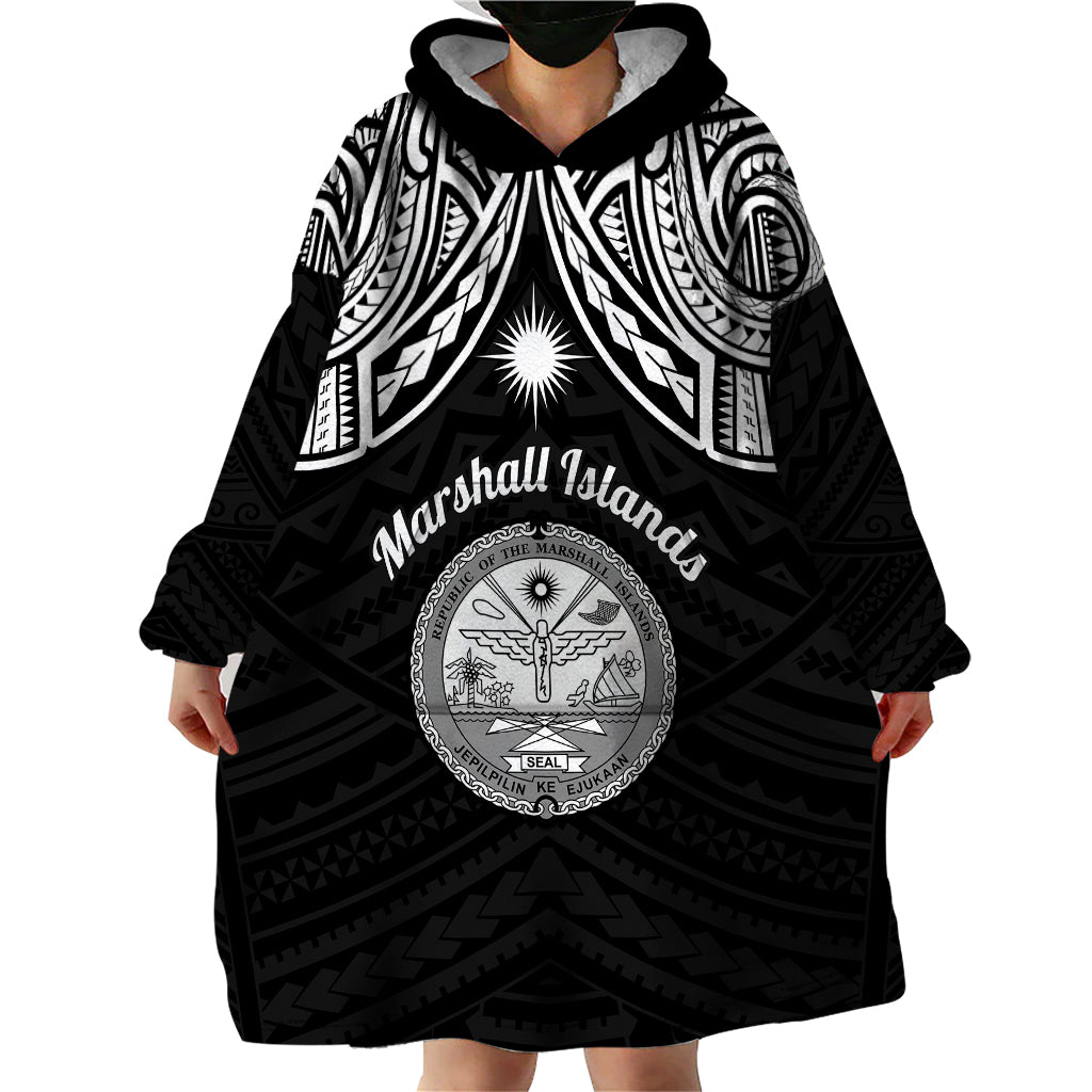 Personalised Marshall Islands Wearable Blanket Hoodie Black Polynesian Tribal Mix Coat Of Arms LT14 - Polynesian Pride