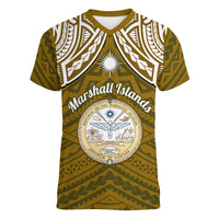Personalised Marshall Islands Women V Neck T Shirt Gold Polynesian Tribal Mix Coat Of Arms LT14 Female Gold - Polynesian Pride