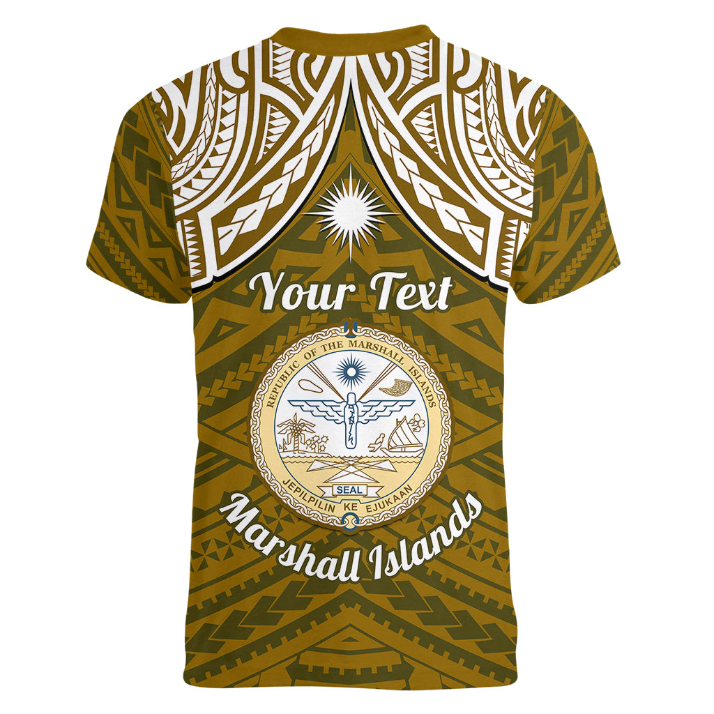 Personalised Marshall Islands Women V Neck T Shirt Gold Polynesian Tribal Mix Coat Of Arms LT14 - Polynesian Pride