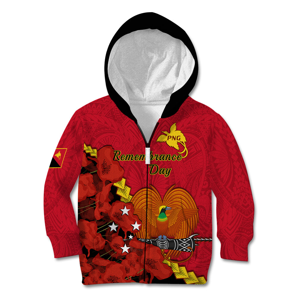 Personalised Remembrance Day PNG Kid Hoodie Papua New Guinea We Will Remember Them LT14 Zip Hoodie Red - Polynesian Pride