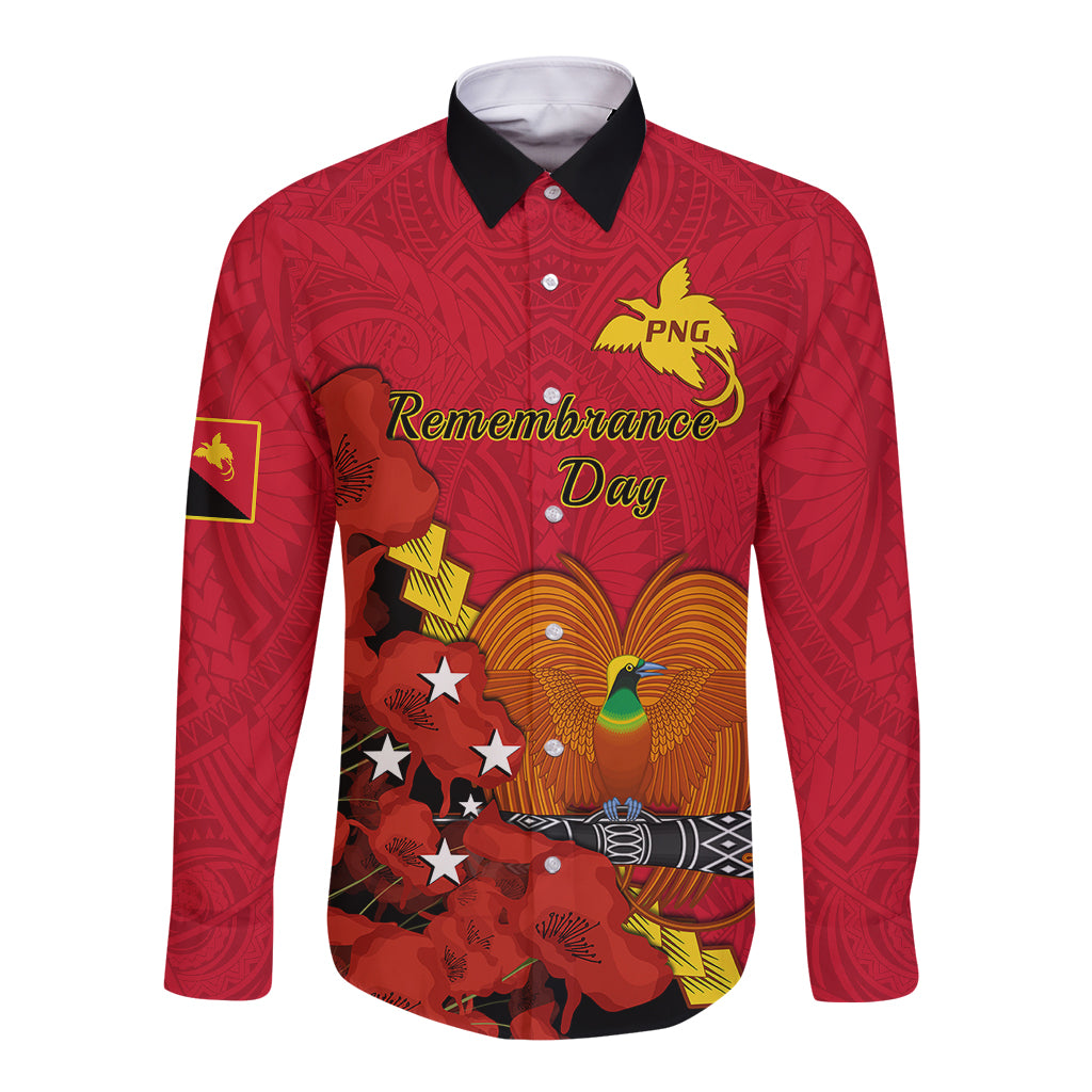 Personalised Remembrance Day PNG Long Sleeve Button Shirt Papua New Guinea We Will Remember Them LT14 Unisex Red - Polynesian Pride