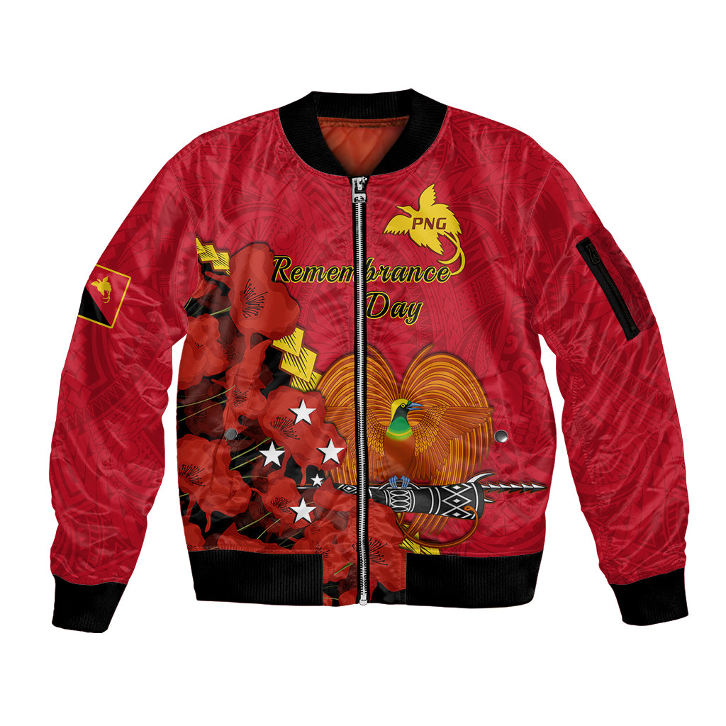 Personalised Remembrance Day PNG Sleeve Zip Bomber Jacket Papua New Guinea We Will Remember Them LT14 Unisex Red - Polynesian Pride