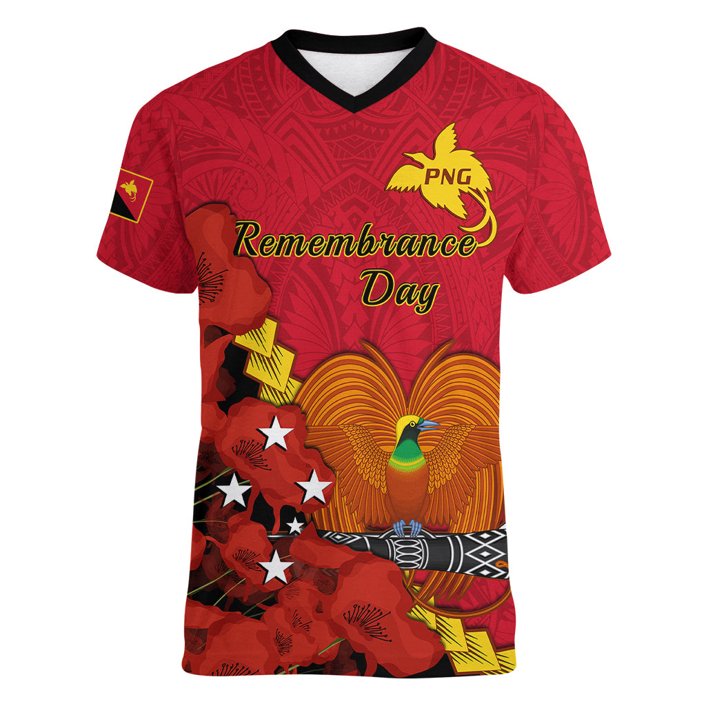 Personalised Remembrance Day PNG Women V Neck T Shirt Papua New Guinea We Will Remember Them LT14 Female Red - Polynesian Pride