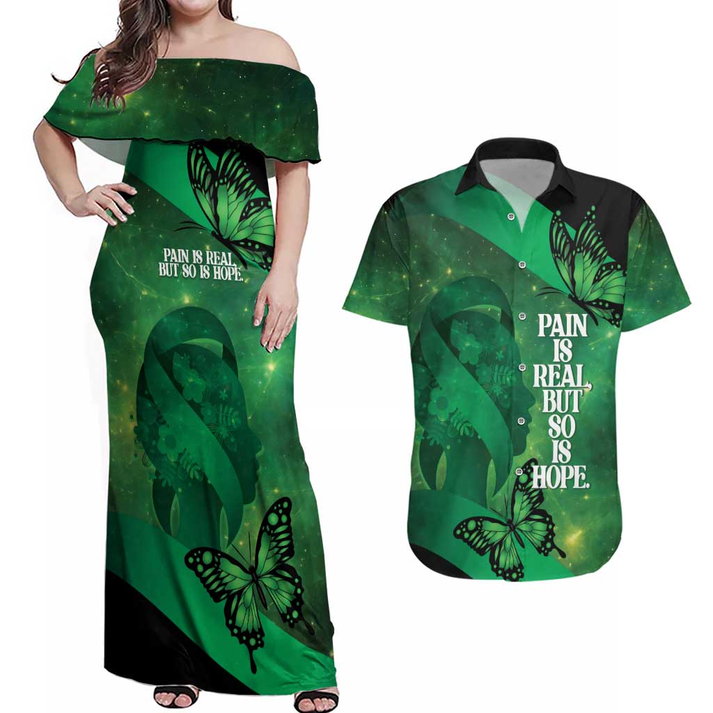 Personalised World Mental Health Awareness Month Couples Matching Off Shoulder Maxi Dress and Hawaiian Shirt Warriors Brave Strong Galaxy Vibes LT14 Green - Polynesian Pride