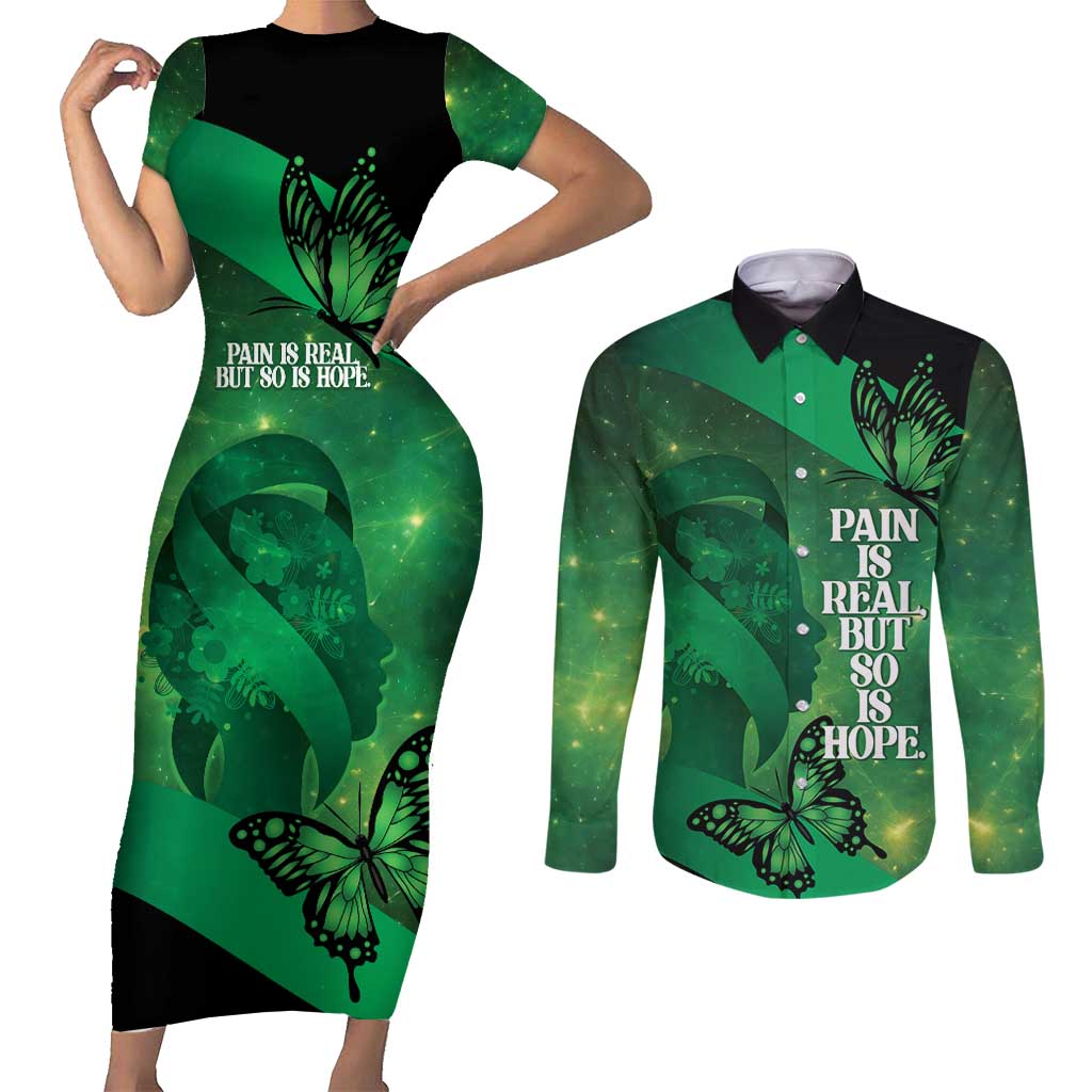 Personalised World Mental Health Awareness Month Couples Matching Short Sleeve Bodycon Dress and Long Sleeve Button Shirt Warriors Brave Strong Galaxy Vibes