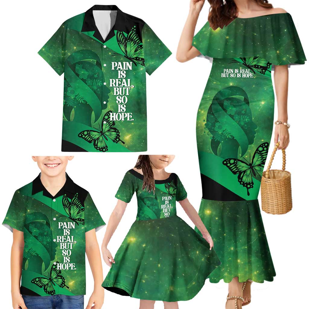 Personalised World Mental Health Awareness Month Family Matching Mermaid Dress and Hawaiian Shirt Warriors Brave Strong Galaxy Vibes