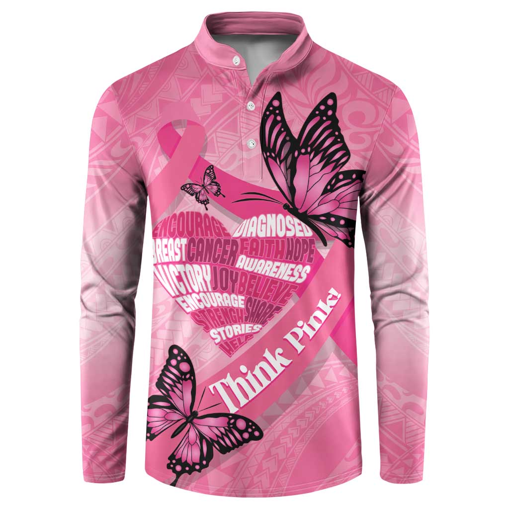 Polynesia Breast Cancer Awareness Month Button Sweatshirt Pink Ribbon Mix Butterflies