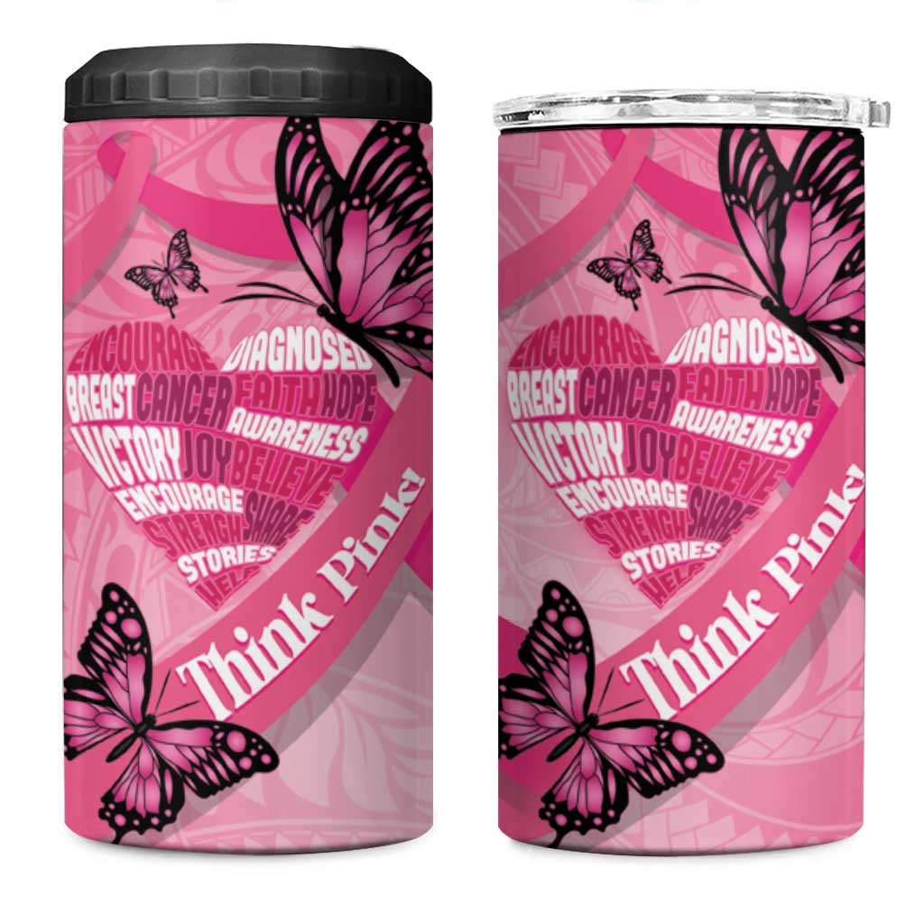 Polynesia Breast Cancer Awareness Month 4 in 1 Can Cooler Tumbler Pink Ribbon Mix Butterflies