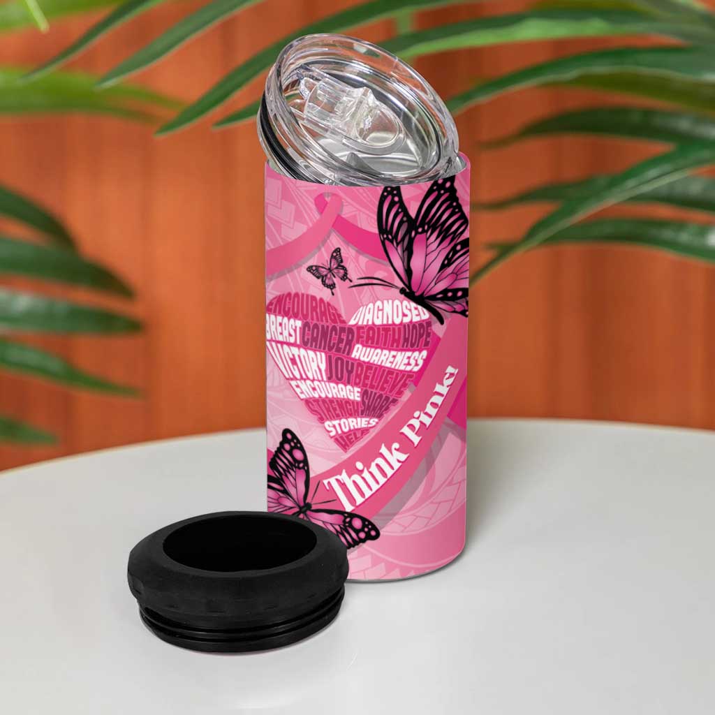 Polynesia Breast Cancer Awareness Month 4 in 1 Can Cooler Tumbler Pink Ribbon Mix Butterflies
