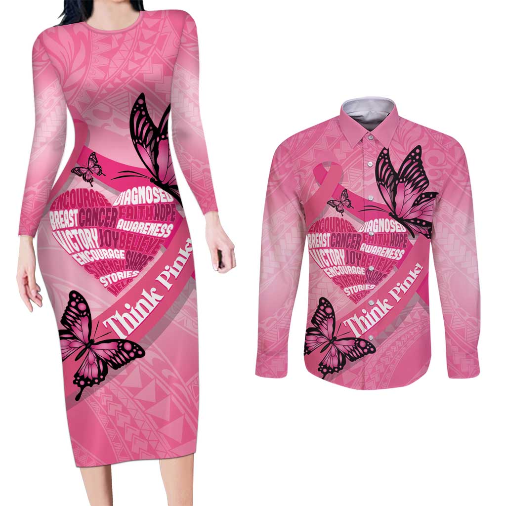 Polynesia Breast Cancer Awareness Month Couples Matching Long Sleeve Bodycon Dress and Long Sleeve Button Shirt Pink Ribbon Mix Butterflies