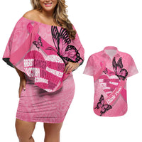 Polynesia Breast Cancer Awareness Month Couples Matching Off Shoulder Short Dress and Hawaiian Shirt Pink Ribbon Mix Butterflies