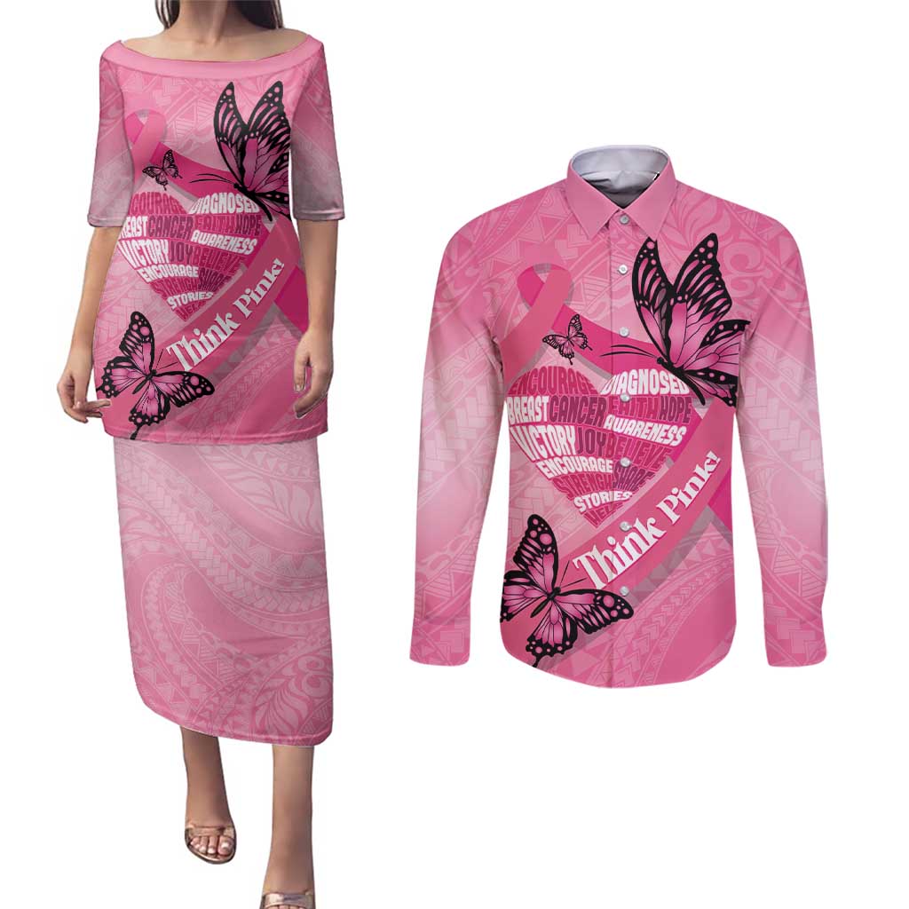 Polynesia Breast Cancer Awareness Month Couples Matching Puletasi and Long Sleeve Button Shirt Pink Ribbon Mix Butterflies