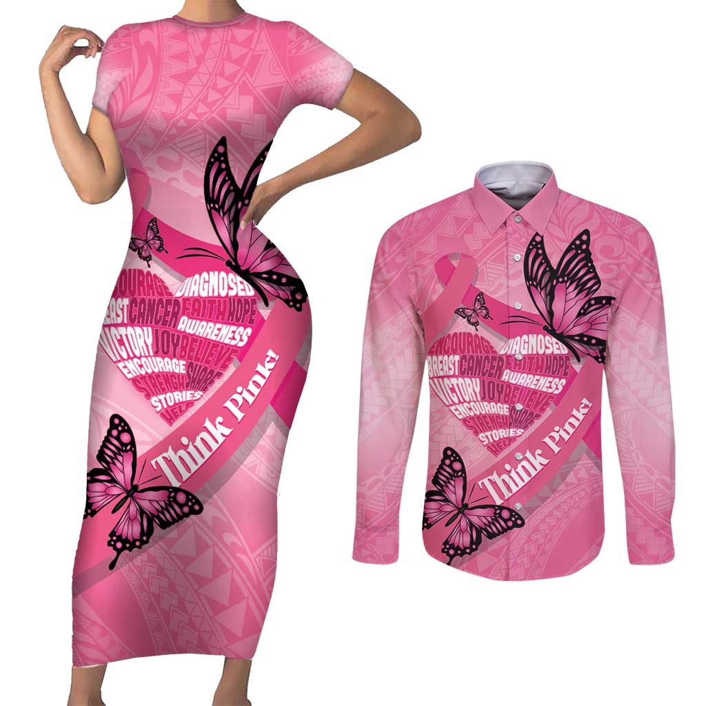 Polynesia Breast Cancer Awareness Month Couples Matching Short Sleeve Bodycon Dress and Long Sleeve Button Shirt Pink Ribbon Mix Butterflies