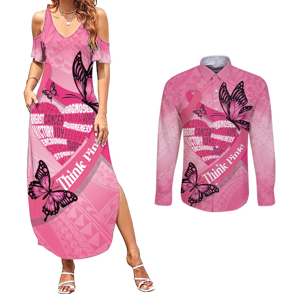 Polynesia Breast Cancer Awareness Month Couples Matching Summer Maxi Dress and Long Sleeve Button Shirt Pink Ribbon Mix Butterflies