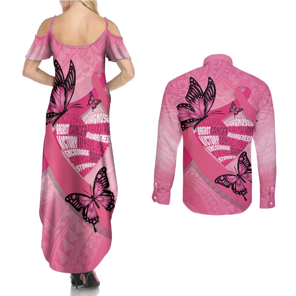 Polynesia Breast Cancer Awareness Month Couples Matching Summer Maxi Dress and Long Sleeve Button Shirt Pink Ribbon Mix Butterflies