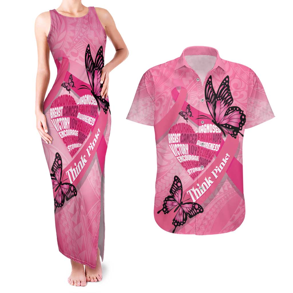 Polynesia Breast Cancer Awareness Month Couples Matching Tank Maxi Dress and Hawaiian Shirt Pink Ribbon Mix Butterflies