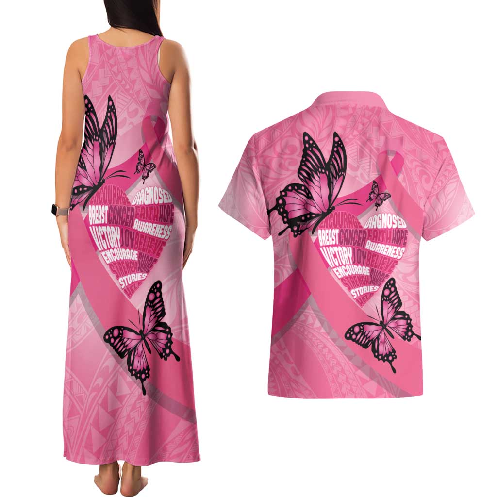 Polynesia Breast Cancer Awareness Month Couples Matching Tank Maxi Dress and Hawaiian Shirt Pink Ribbon Mix Butterflies