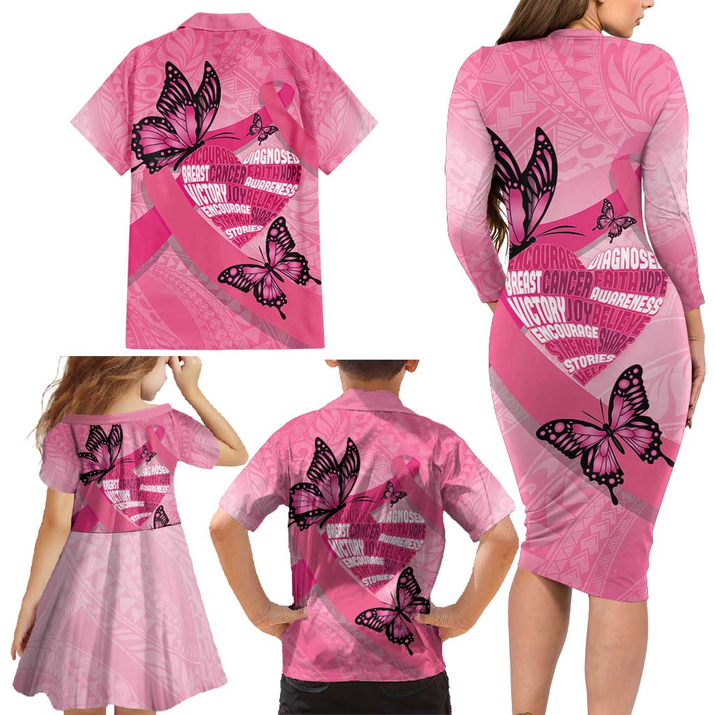 Polynesia Breast Cancer Awareness Month Family Matching Long Sleeve Bodycon Dress and Hawaiian Shirt Pink Ribbon Mix Butterflies