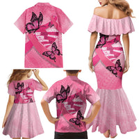 Polynesia Breast Cancer Awareness Month Family Matching Mermaid Dress and Hawaiian Shirt Pink Ribbon Mix Butterflies