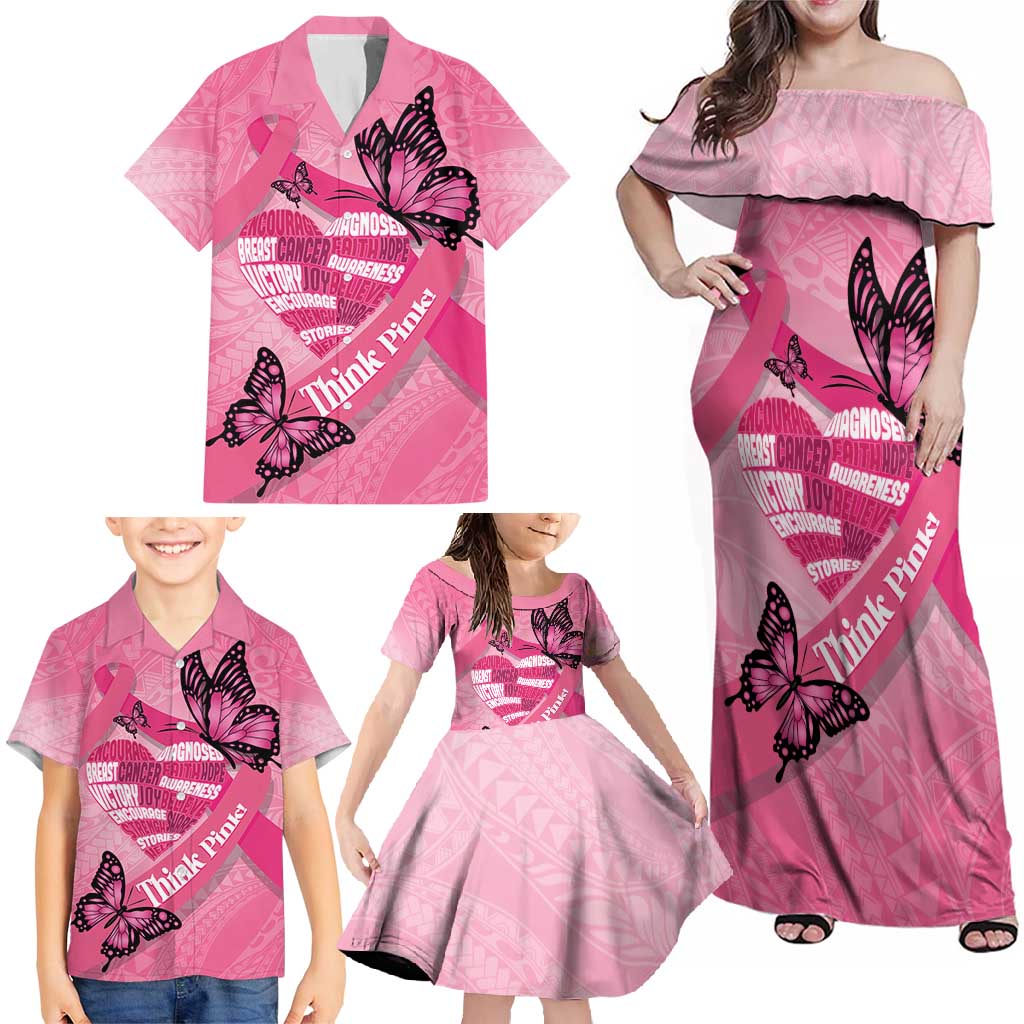 Polynesia Breast Cancer Awareness Month Family Matching Off Shoulder Maxi Dress and Hawaiian Shirt Pink Ribbon Mix Butterflies